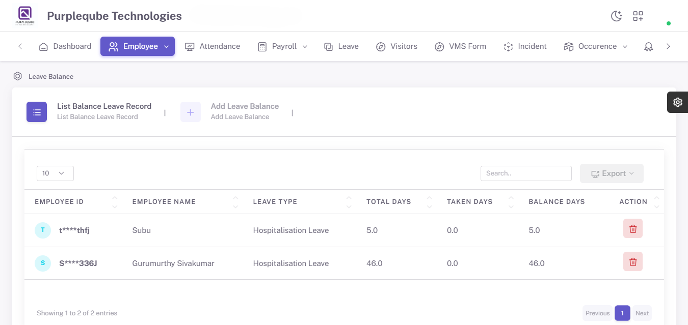 Employee-leave balance page